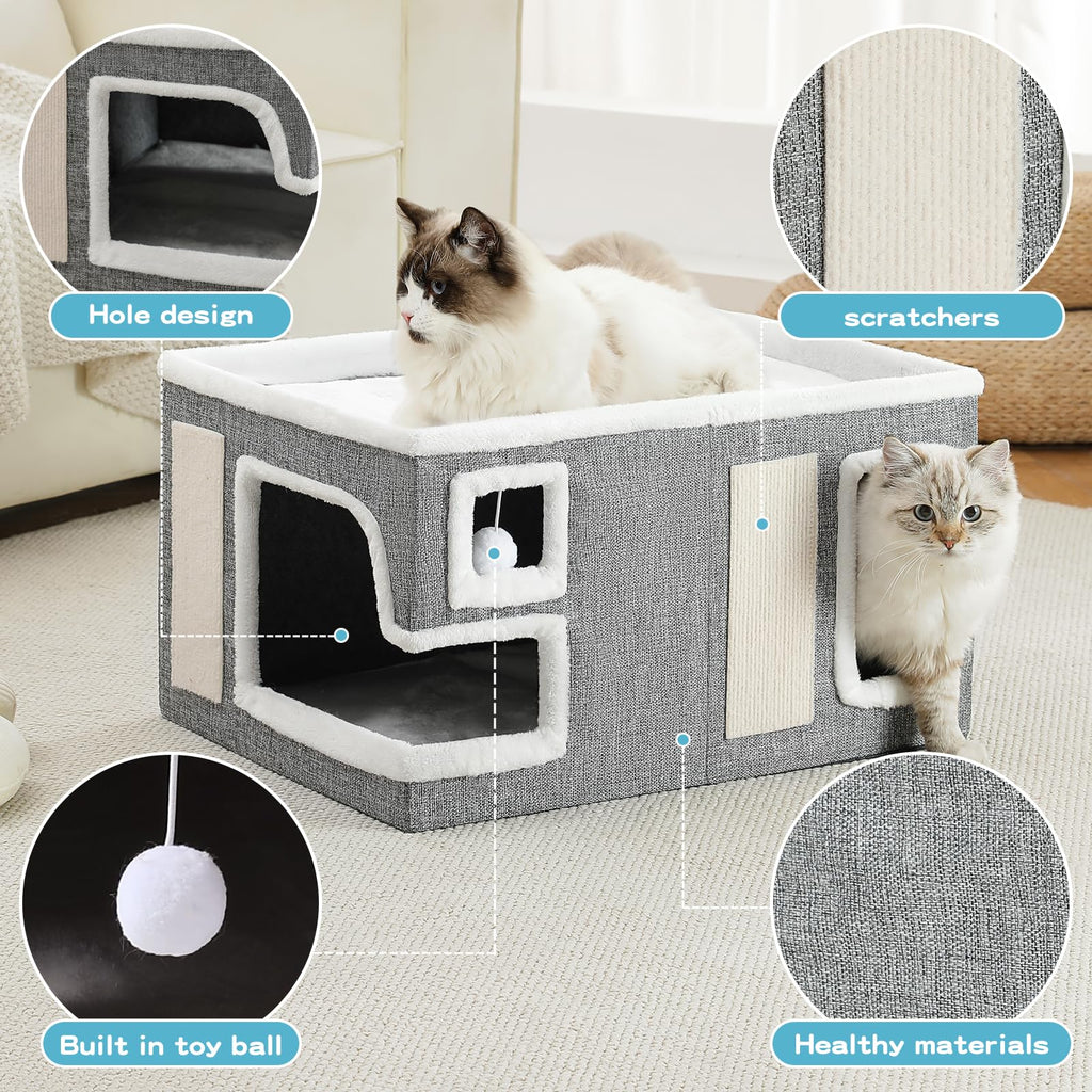 Crispedia Large Cat Houses for Indoor Cats, Extra Wide Cat Cave Bed with Scratch Pad and Fluffy Ball, Foldable Cat Hideaway Condo for Large Cats, Modern Kitten Bed,23x16x13 inches (Grey, X-Large)