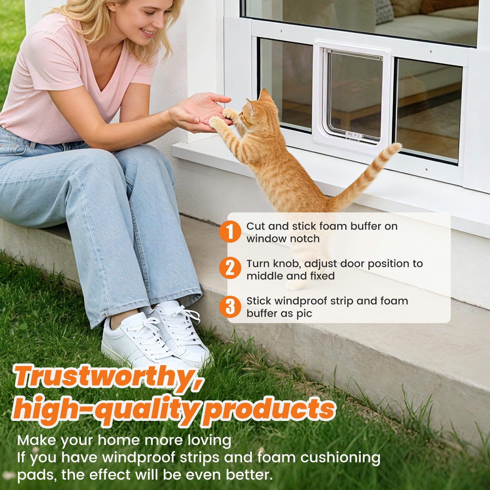 Full Size Cat Door Window Insert，Adjustable Width of 23"-28", 4 Locking Modes, Magnetic Closure, 10-Min Quick Install, HD Transparent Flap,Weatherproof Window Pet Door for Cats & Small Dogs