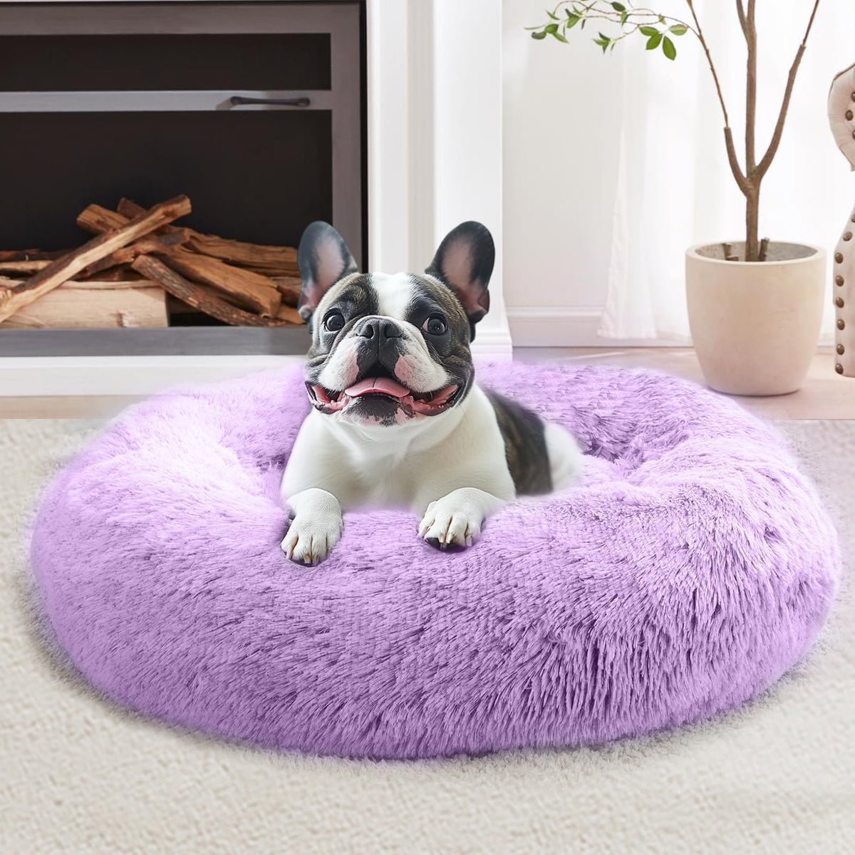 JOLLYVOGUE Calming Dog Bed for Small Dogs - 23 inches Donut Washable Small Dog Bed for Kittens & Puppies, Anti-Slip Round Fluffy Plush Faux Fur Cat Beds (Fits up to 25 lbs Pets, Purple)