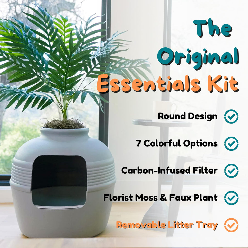 Good Pet Stuff Original Hidden Litter Box Planter, Decorative Cat Litter Enclosure, Carbon Filter, Faux Plant, Easy to Clean, Round Design, Removable Tray, Essentials Kit, Palm Plant, Pebble Gray