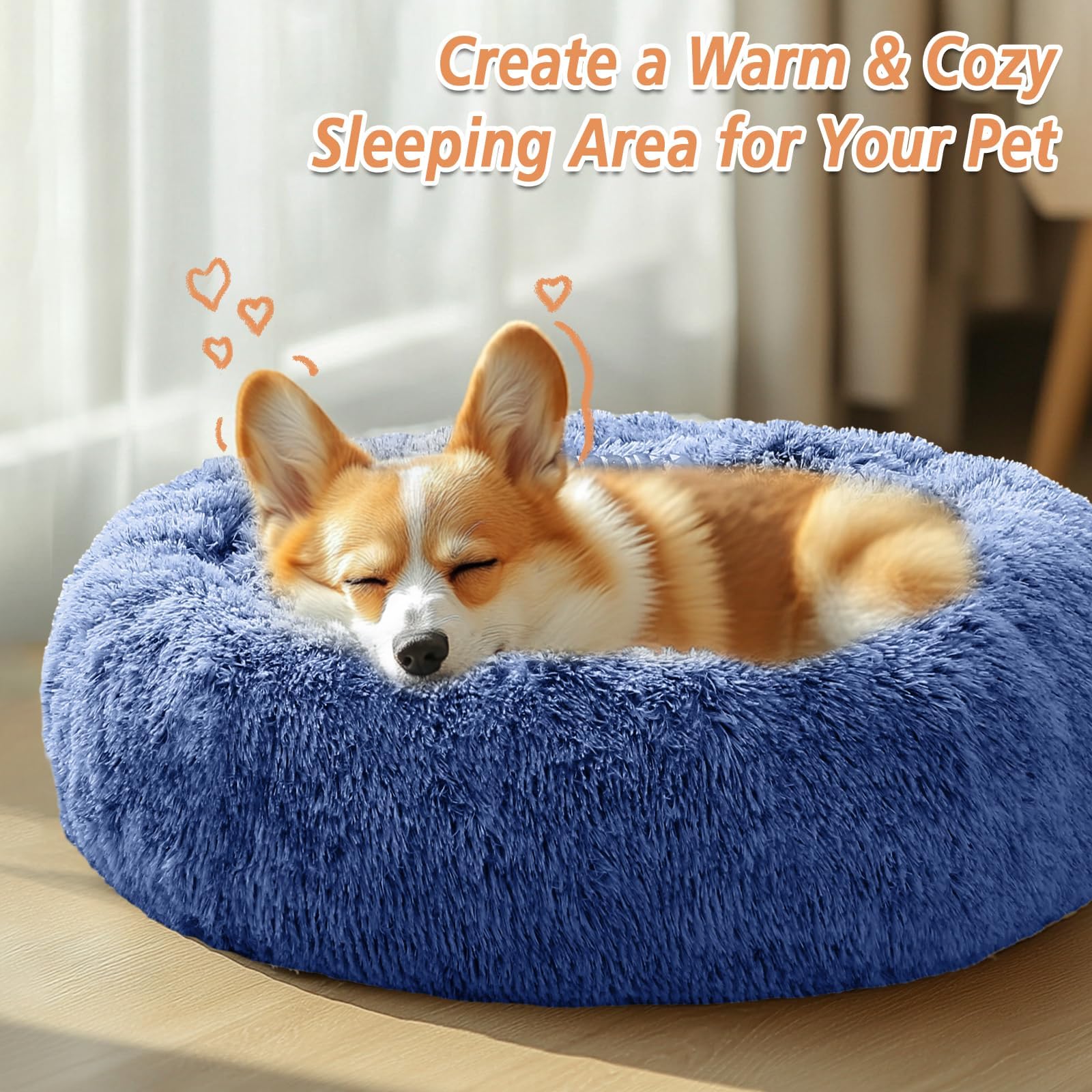 JOLLYVOGUE Calming Small Dog & Cat Bed for Indoor Cats - 20 inches Washable Donut Bed for Kittens & Puppies, Anti-Anxiety Round Fluffy Plush Pet Beds (Fits up to 15 lbs, Navy Blue)