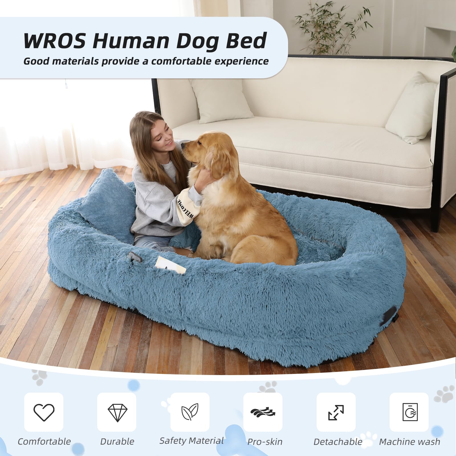 WROS Human Dog Bed, 71"x45"x12" Size Fits You and Pets, Washable Faux Fur Pet Bed for People Doze Off, Napping Orthopedic Dog Bed, Present Plump Pillow, Blanket, Strap - Navy