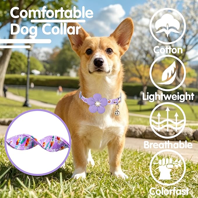 Small Dog Collar with Flower, Spring Dog Collar for Girl Dog Collars for Small Dogs Cute Dog Collar with Bell, Adjustable Length
