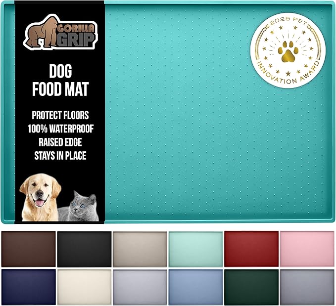 GORILLA GRIP 100% Waterproof Raised Edge BPA Free Silicone Pet Feeding Mat, Dog Cat Food Mats Contain Spills Protects Floors, Placemats for Cats and Dogs Water Bowl, Pets Accessories 32x24 Turquoise
