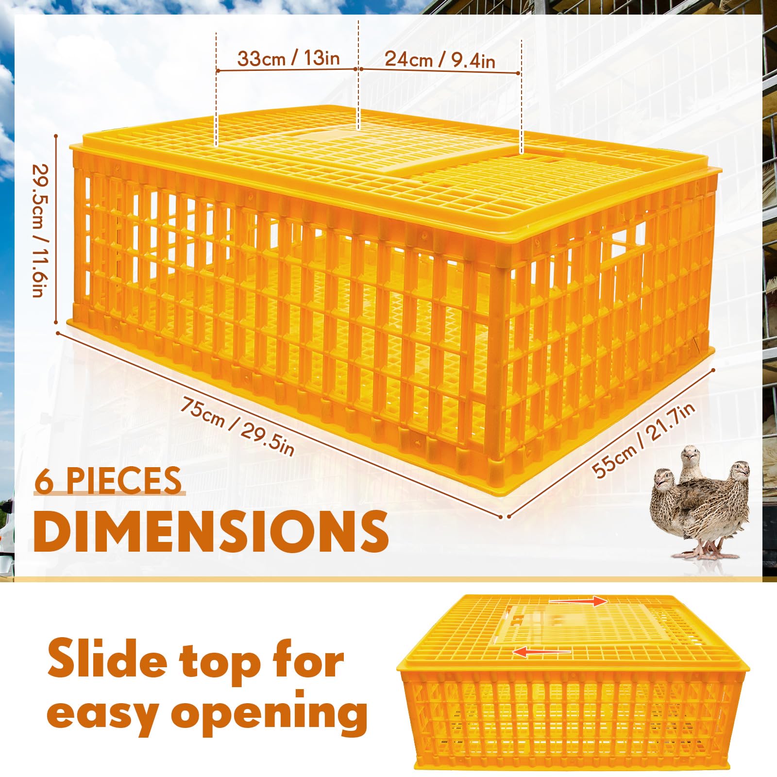 Sintuff Poultry Carrier Crate Plastic Chicken Transport Cage Bird Carriers Chickens Carrier Travel Crate Basket Box for Poultry Chicken Bird Duck Goose, 29.5 x 21.7 x 11.6 Inch(6 Pcs)