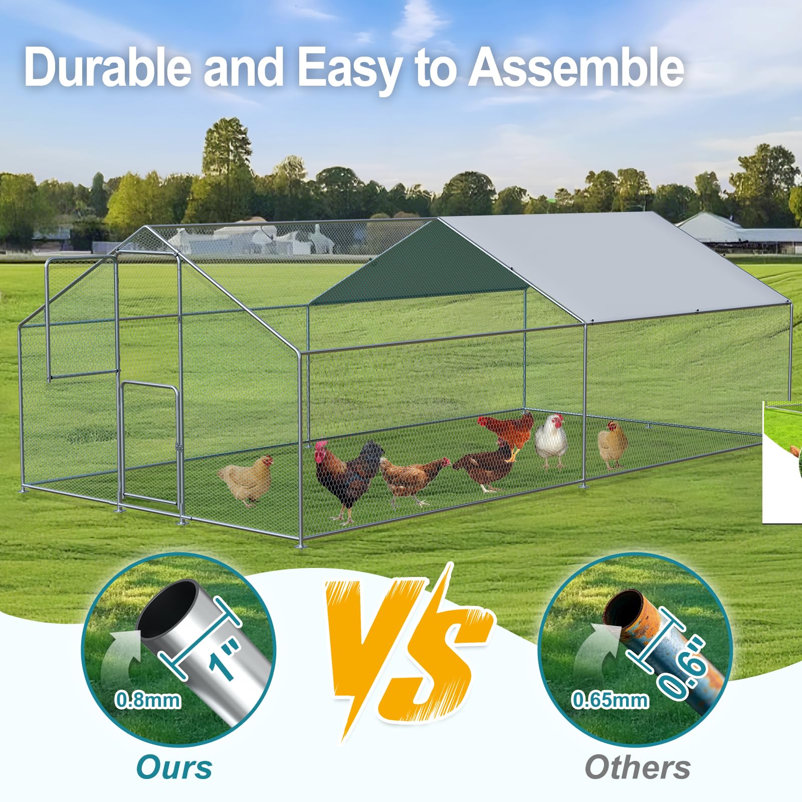 Airynee Large Chicken Coop, Chicken Coops for 20 Chickens, Chicken Runs for Yard with Water Poof & UV Resistance Cover, Spire Roof Chicken Coop Run with Double Lockable Doors for Outdoor Backyard