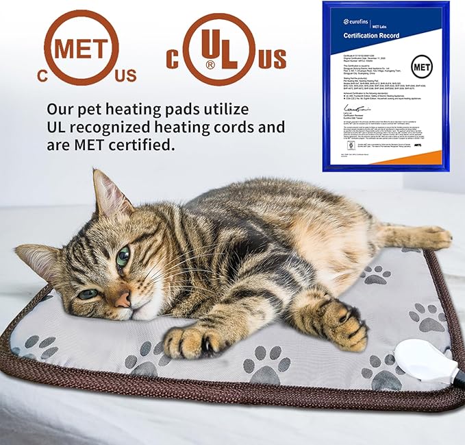 Pet Heating Pad 22x18 in with Smart Thermostat Switch and Power Line Protection Tube,Obtained MET and UL Dual Certification,Waterproof Cat Heating pad-Paw Print