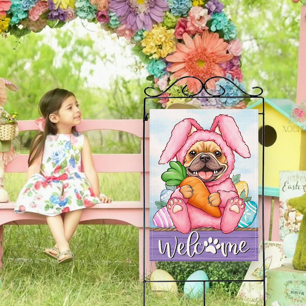 Artofy Welcome Easter Bunny Dog Large Decorative House Flag, French Bulldog
