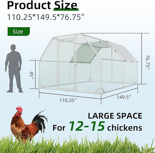 4ever2buy Metal Chicken Coop, 9.2x12.5 FT Walk-in Chicken Run Pen Poultry Cage, Water-Resistant & Anti-UV Cover, Large Chicken Coop for 12-15 Chickens