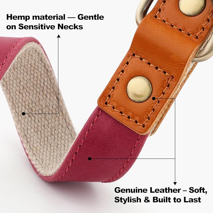 Plutus Pet Genuine Leather & Hemp Dog Collar – Adjustable Heavy Duty Pet Collar with Quick Release Metal Buckle, Soft & Stylish for Puppy and Small, Medium, Large Dogs (Burgundy, M)