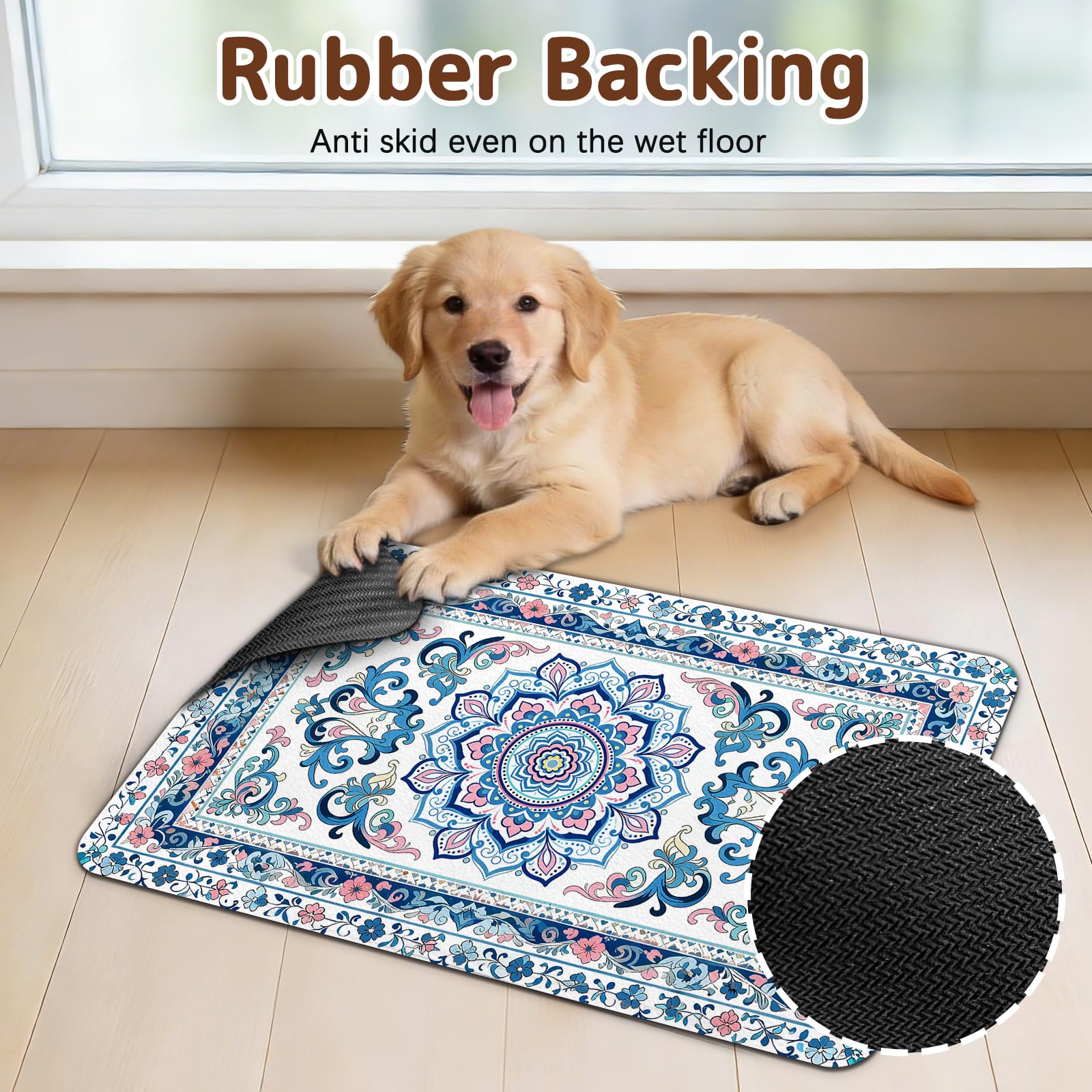 Dog Food Mat for Bowls, Absorbent Quick Dry Dog Cat Mats for Food and Water, Non-Slip Backing Pet Mat Pet Supplies - Blue Vintage Floral Pattern