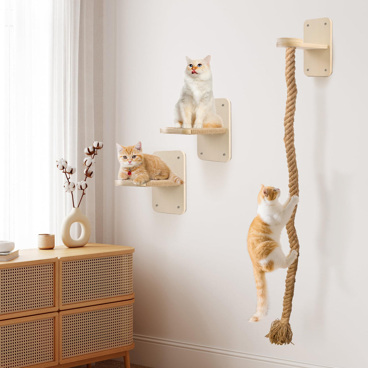 Cat Wall Shelves with 2 x 60 Inch Climbing Rope, Wall Mounted Cat Tree