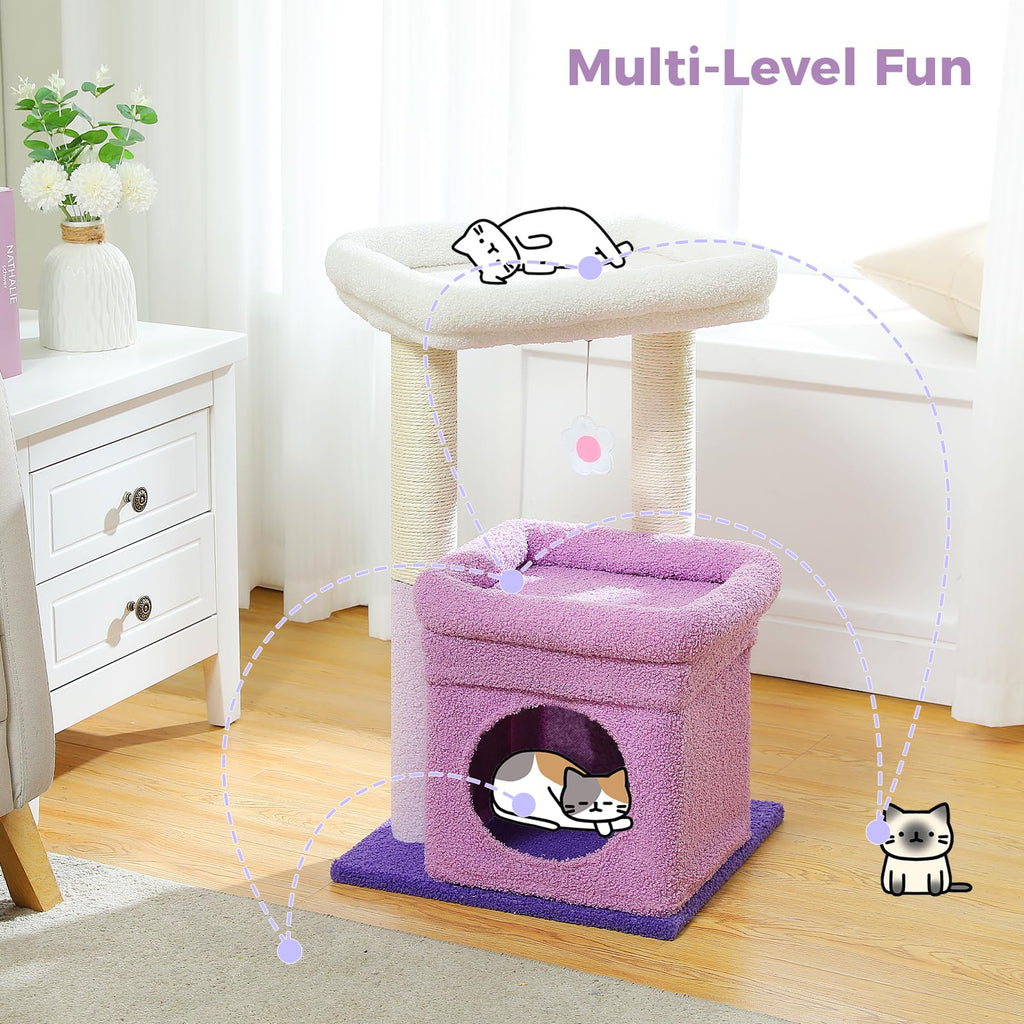 PEQULTI Indoor Cat Tree Tower Small Cats, Sisal Post & Cozy Condo, Purple