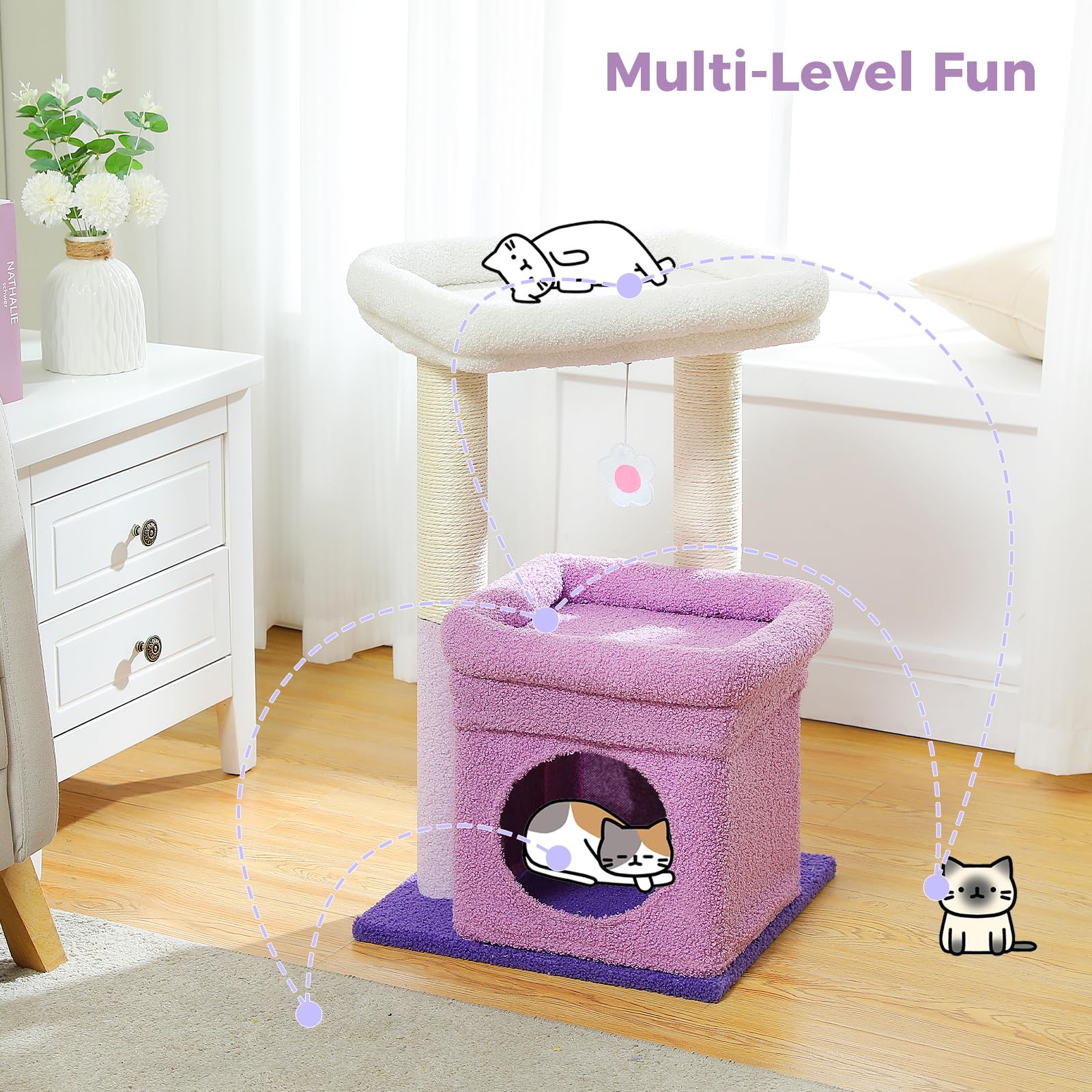 PEQULTI Indoor Cat Tree Tower Small Cats, Sisal Post & Cozy Condo, Purple