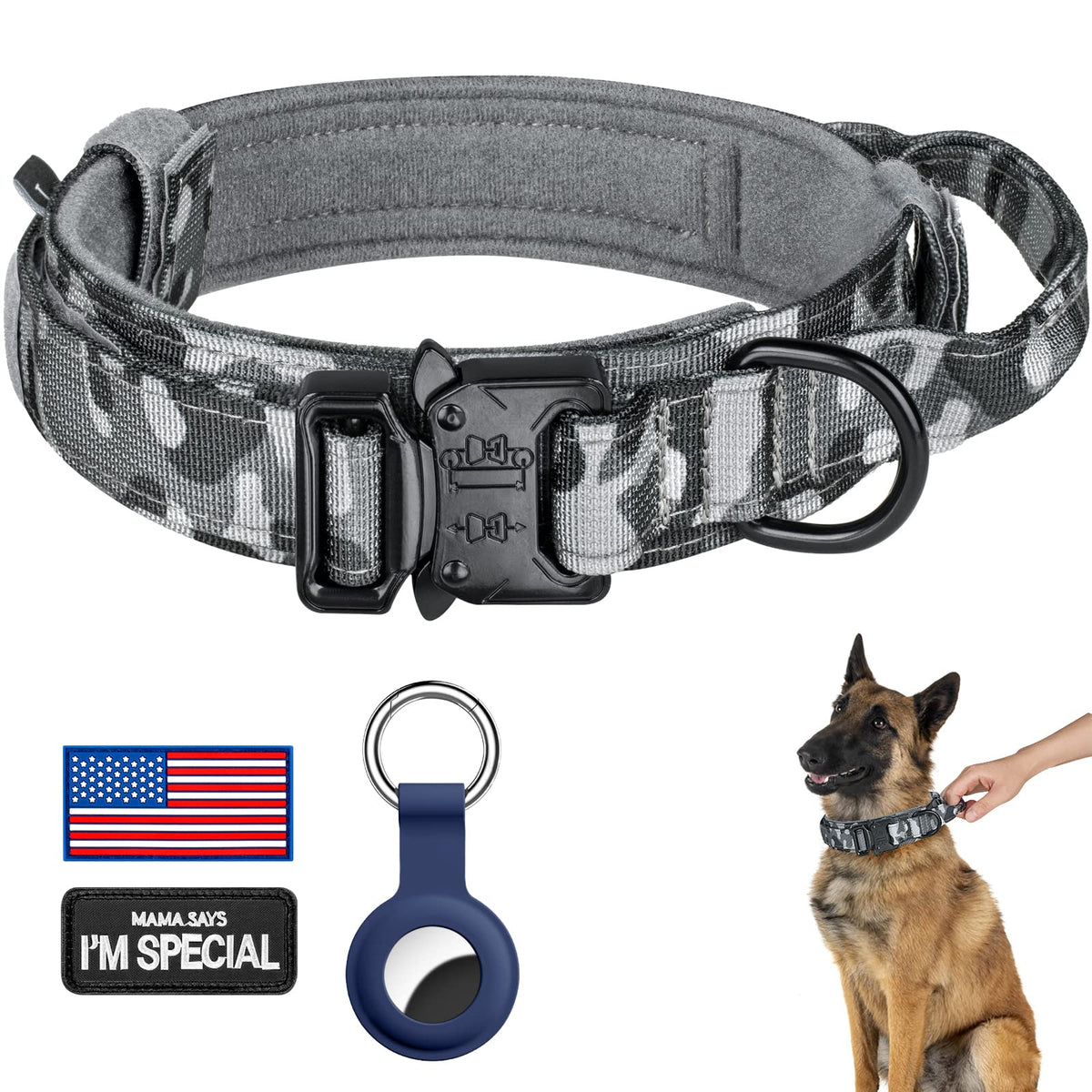 DAGANXI Tactical Dog Collar, Adjustable Military Training Nylon Dog Collar with Control Handle and Heavy Metal Buckle for Medium and Large Dogs, with Patches and Airtags Case (L, Pink)