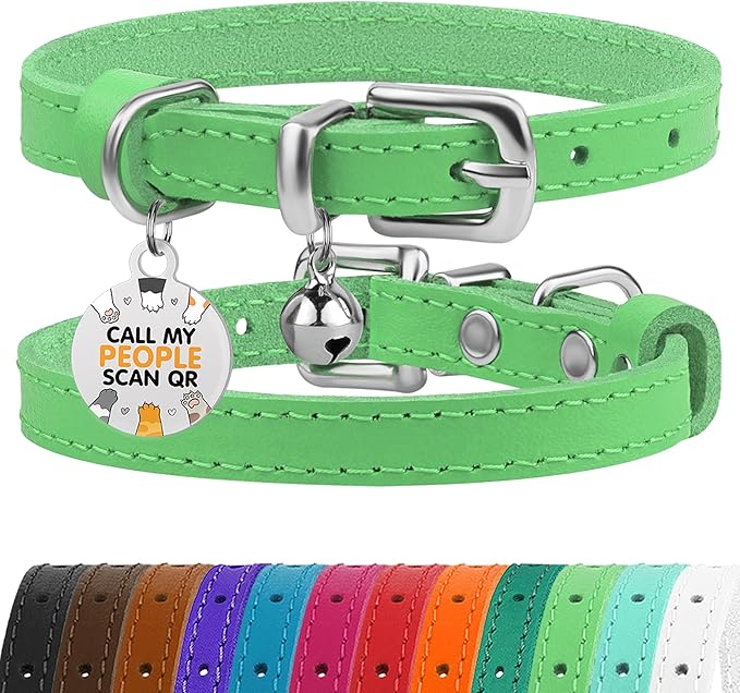 BRONZEDOG Leather Cat Collar with Removable Bells Non Breakaway Kitten QR Tag for Girl Boy (7" - 9" for Cats