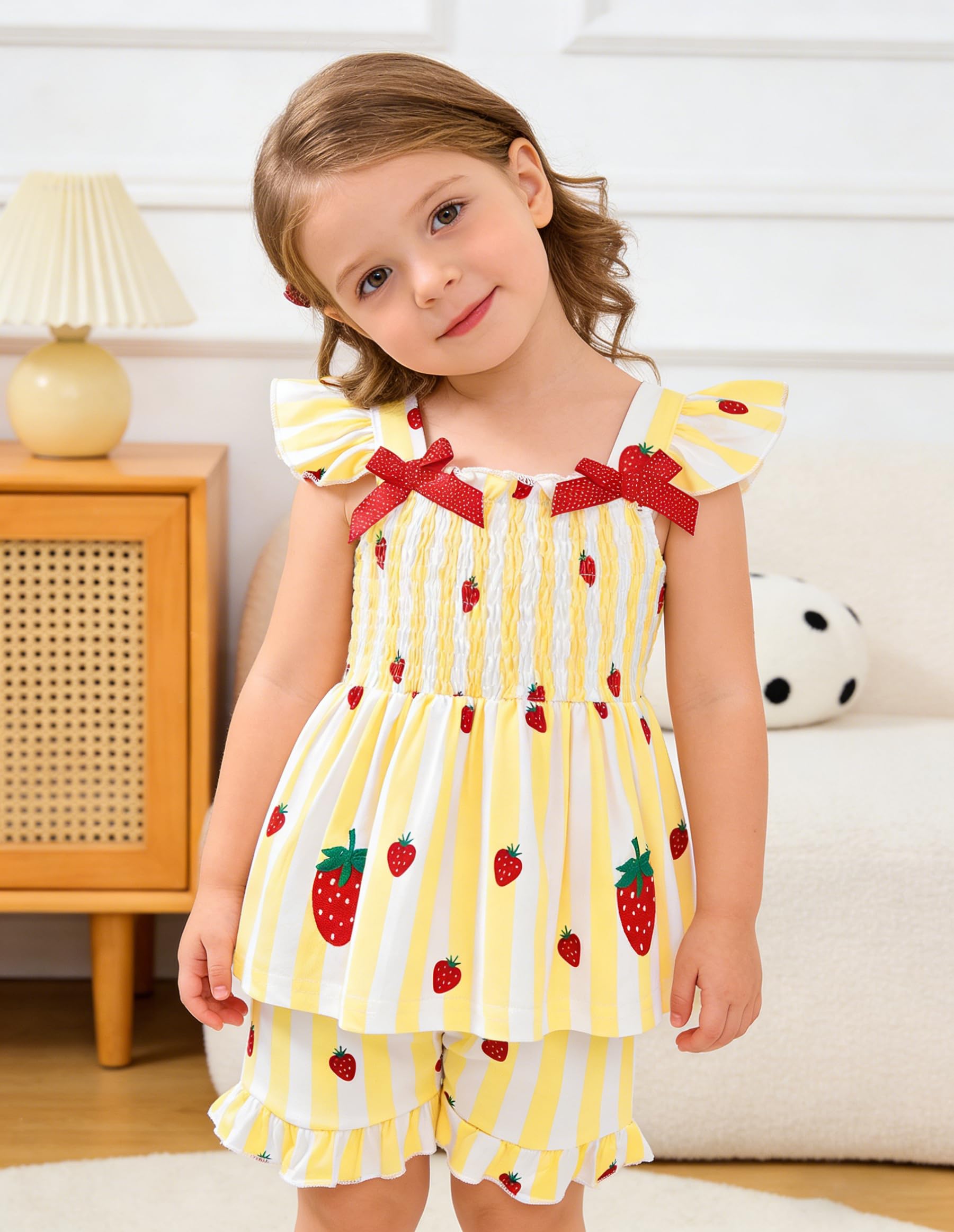 Popshion Baby Girls Summer Clothes Strawberry Outfits for Girls Ruffle Sleeveless Smocked Shirts Strawberry Top and Short 2pcs Yellow Outfits Set Size 4t/2229