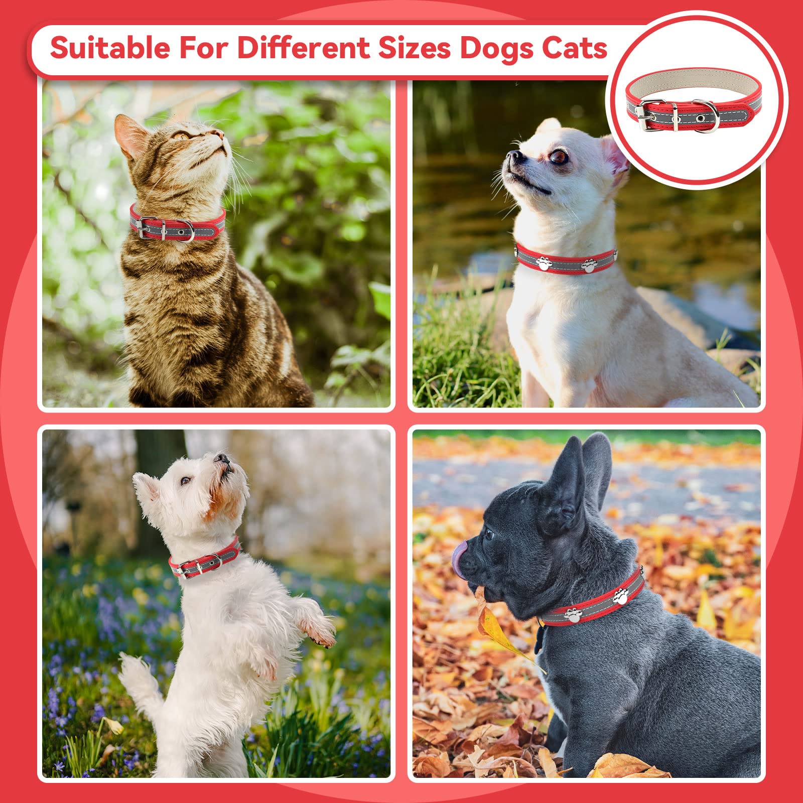 PETCARE Reflective Dog Collar with Cute Paw Rivet Studded Funny Soft PU Leather Adjustable Puppy Dog Collars for Small Medium Large Dogs Cats (Red,Medium)