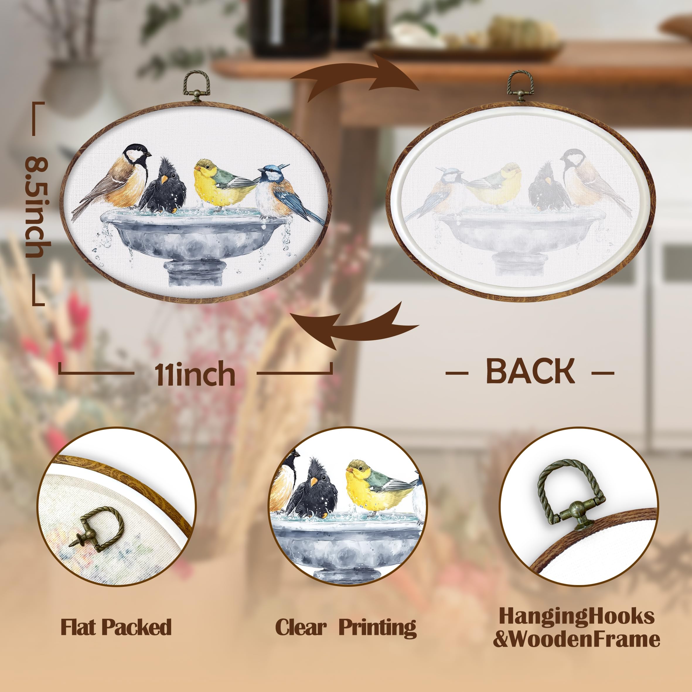 DILSJ Bird Oval Wall Art Decor, Country Bird Bath Canvas Wall Art Framed, Rustic Watercolor Birds Hanging Decorations for Bathroom Washroom Restroom Toilet, 8.5x11 Inch