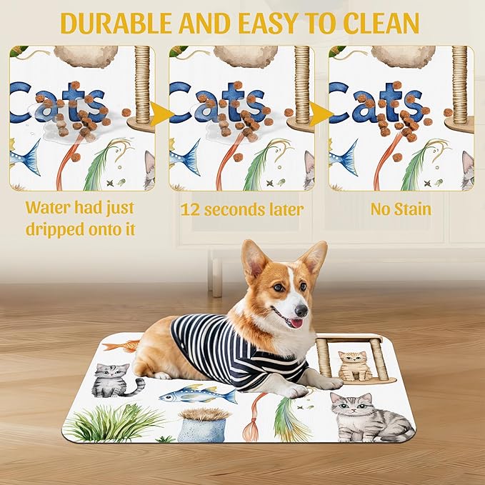 Cat Fun Pet Feeding Mat, Absorbent Bowl Pad for Dogs and Cats, Fast Dry, Non-Slip Back, Indoor Use – 12x20 Inch