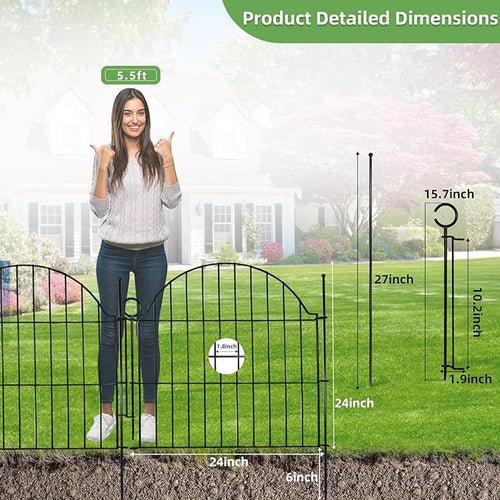5 Panels Decorative Metal Garden Fence with Gate, 24in (H) x 10ft (L) No Dig Dog Fence Outdoor for Yard, Temporary Rustproof Metal Wire Rabbit Dog Garden Border Fencing for Patio