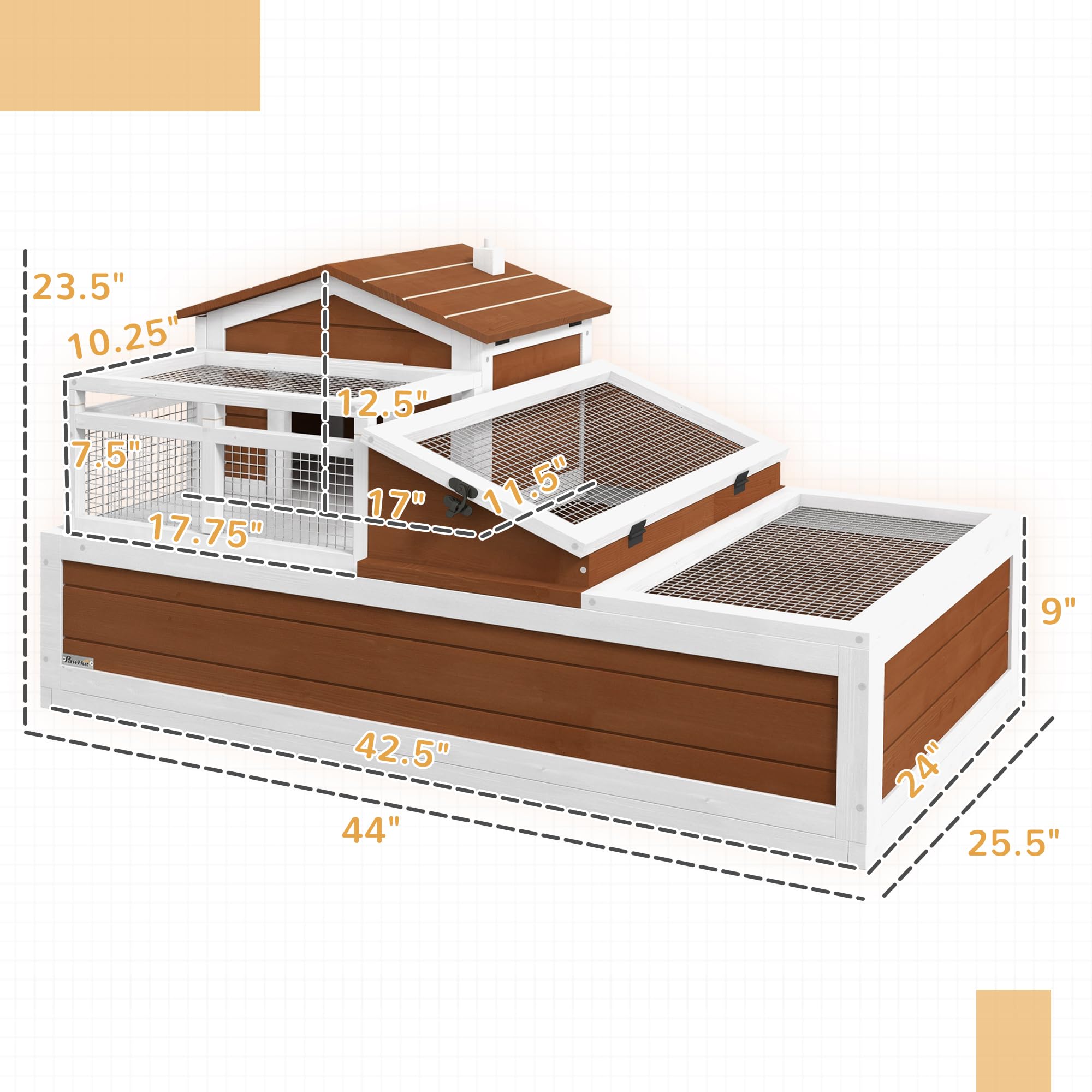 PawHut 3- Room Tortoise House Habitat with Balcony & 2 Stories, Indoor/Outdoor Wooden Tortoise Enclosure with Ladder, Tray, Openable Roof, Large Reptile Cage, 44" x 25. 5" x 23", Coffee