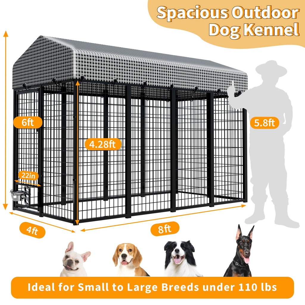 Kicari Large Dog Kennel Outside with Roof, Heavy-Duty Indoor Outdoor Dog Run Dog Enclosure with Removable Cover, Dog Pens Outside Playpen with Latch-Lock & Swivel Feeding Door, 4x8x6 Ft