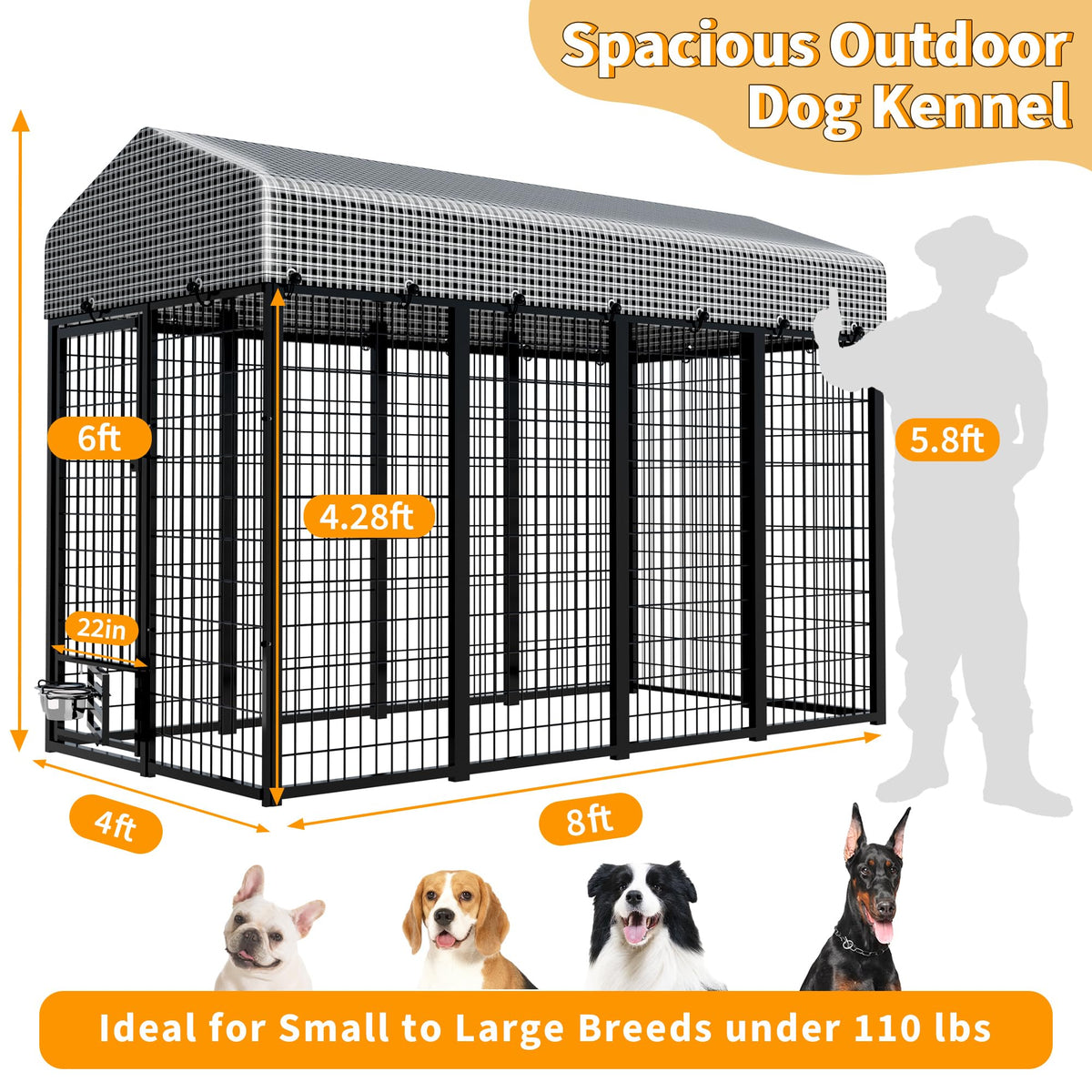 Kicari Large Dog Kennel Outside with Roof, Heavy-Duty Indoor Outdoor Dog Run Dog Enclosure with Removable Cover, Dog Pens Outside Playpen with Latch-Lock & Swivel Feeding Door, 4x8x6 Ft