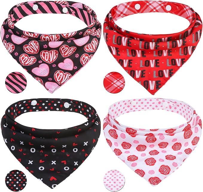 PAWCHIE Valentine's Day Dog Bandanas 4 Pack, Reversible Dog Party Triangle Scarf Bibs,Pet Holiday Costume with Adjustable Snaps,Multiple Love-Themed Patterns for Medium Dogs Puppy,Cats Pets, S