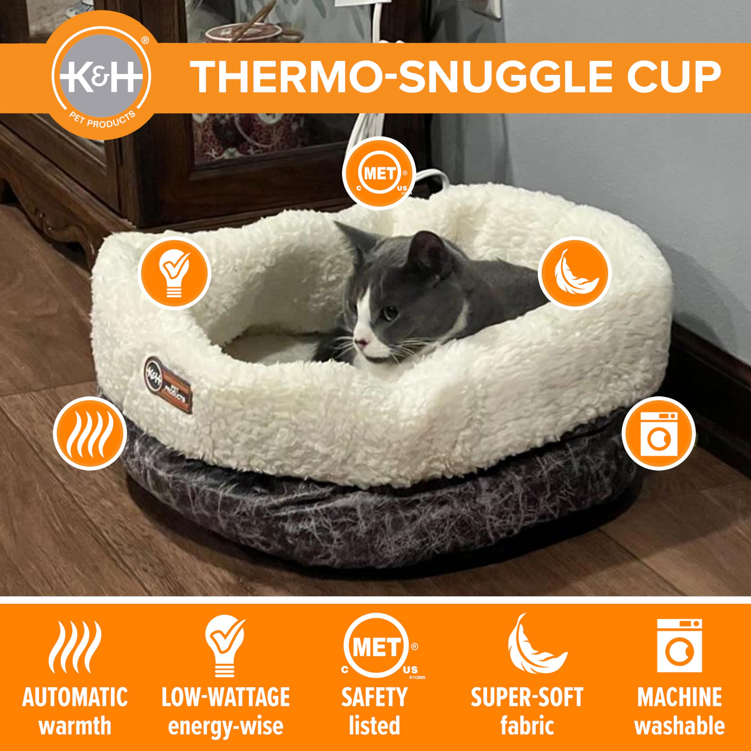 K&H Heated Cat Bed, Thermo-Snuggle Cup Bomber Indoor, Safety Listed, 18x14