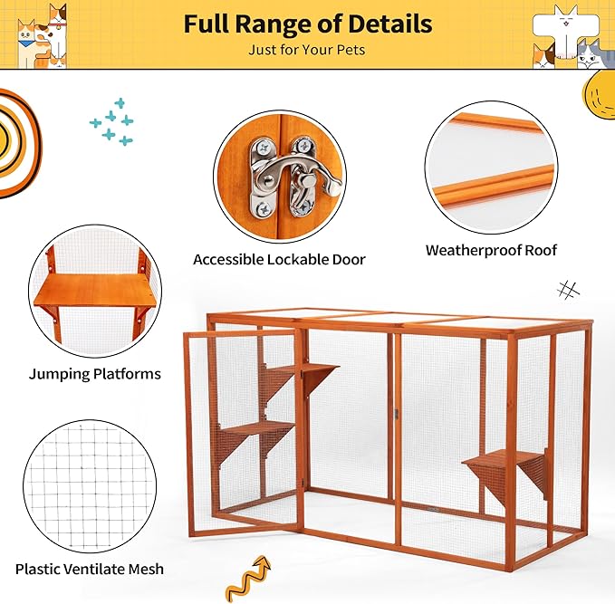 Nyeekoy Catio Outdoor Cat Enclosure, 71" Large Catios for Cats Patio, Outside Cat Enclosures, Cattio with Waterproof Roof, Clearance Cat Cage for Multiple Cats, Orange