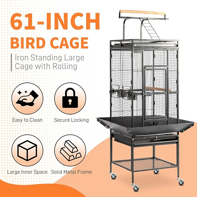 VINGLI Bird Cage with Wheels, 62 inch Bird Cages with Play Top, Wrought Iron Cage with Rolling Stand for Parrots, Cockatiels, Budgies, Lovebirds, Small/Medium Birds (Black)