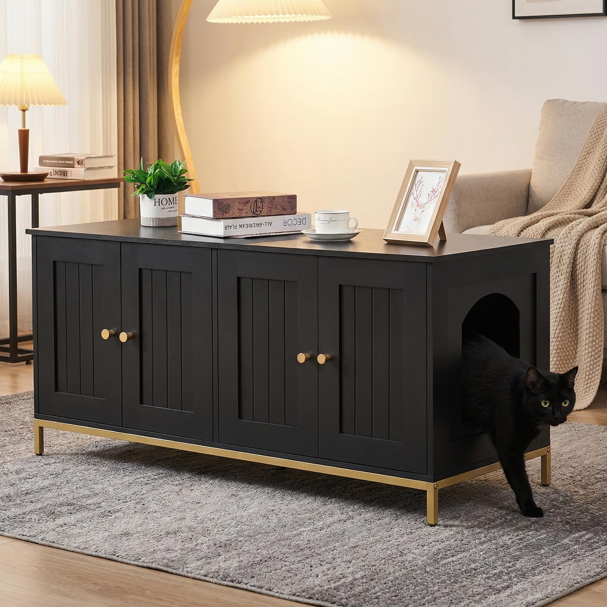 Homhedy 47.2" L Cat Litter Box Enclosure for 2 Cats, Black and Gold
