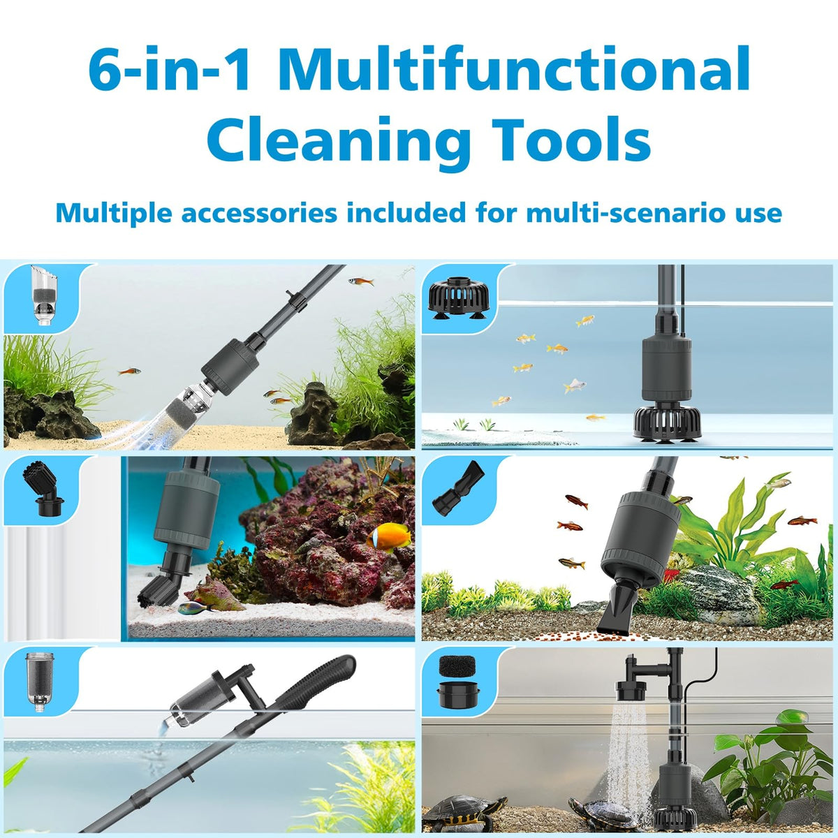 fishkeeper Aquarium Vacuum Gravel Cleaner, 25W 6 in 1 Multifunction Fish Tank Cleaner Kit for Automatic Water Change, Wash Sand, Water Circulation Infinitely Adjustable Flow Fish Tank Cleaner Vacuum