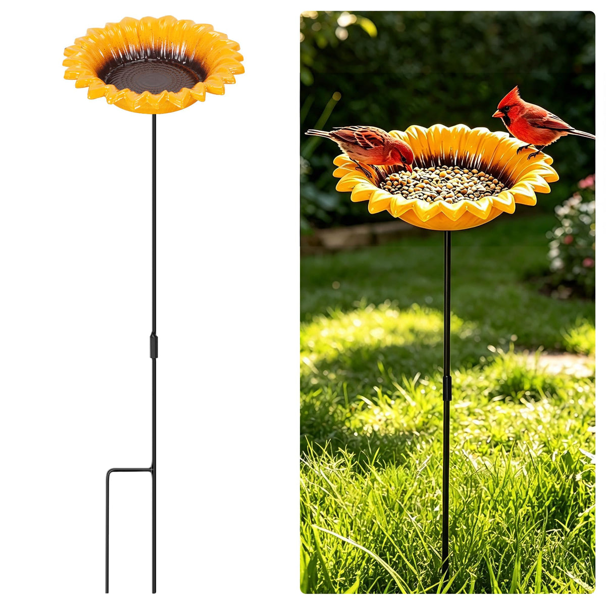 MIXXIDEA Redflower Bird Bath&Birdfeeder for Small Birds Outdoors Mtal Flower Bird Bath Bowl Stick into Ground Cute Tray Feeders for Outdoor Garden Decoration for Bird Lovers