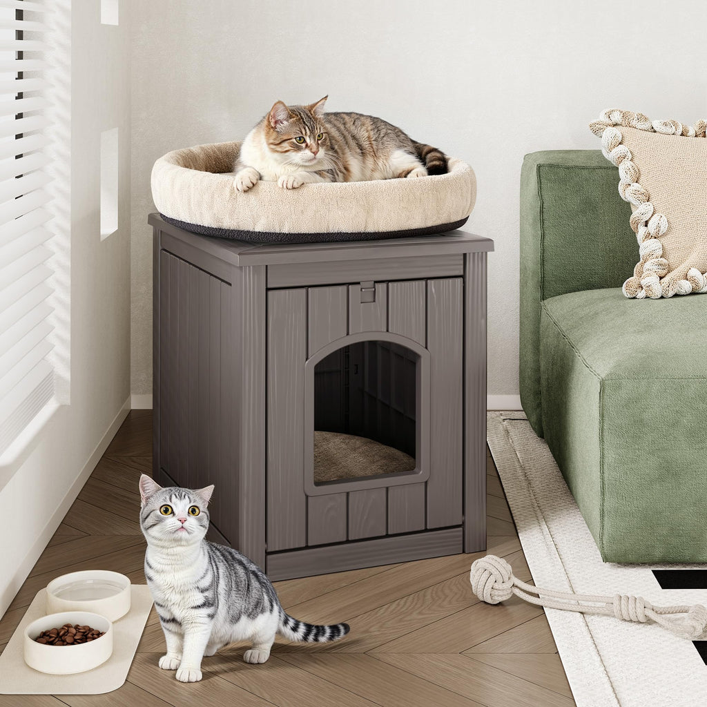 WTFGO Cat Litter Box Enclosure, Plastic Hidden Litter Box Side Table with Openable Front Door, Waterproof & Weatherproof Cat House for Indoor & Outdoor Use (Gray)