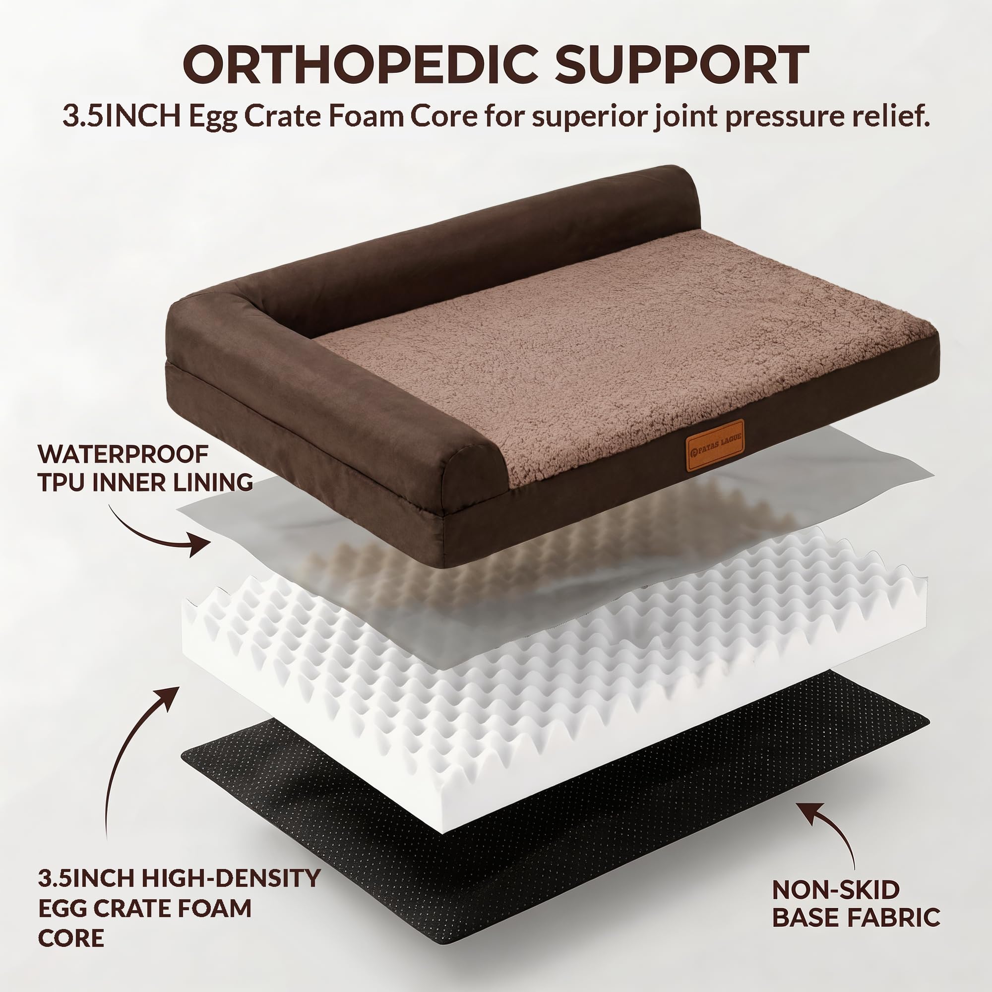 Patas Lague Orthopedic Large Dog Bed Washable Pet Sofa Bed 48''X30''Brown