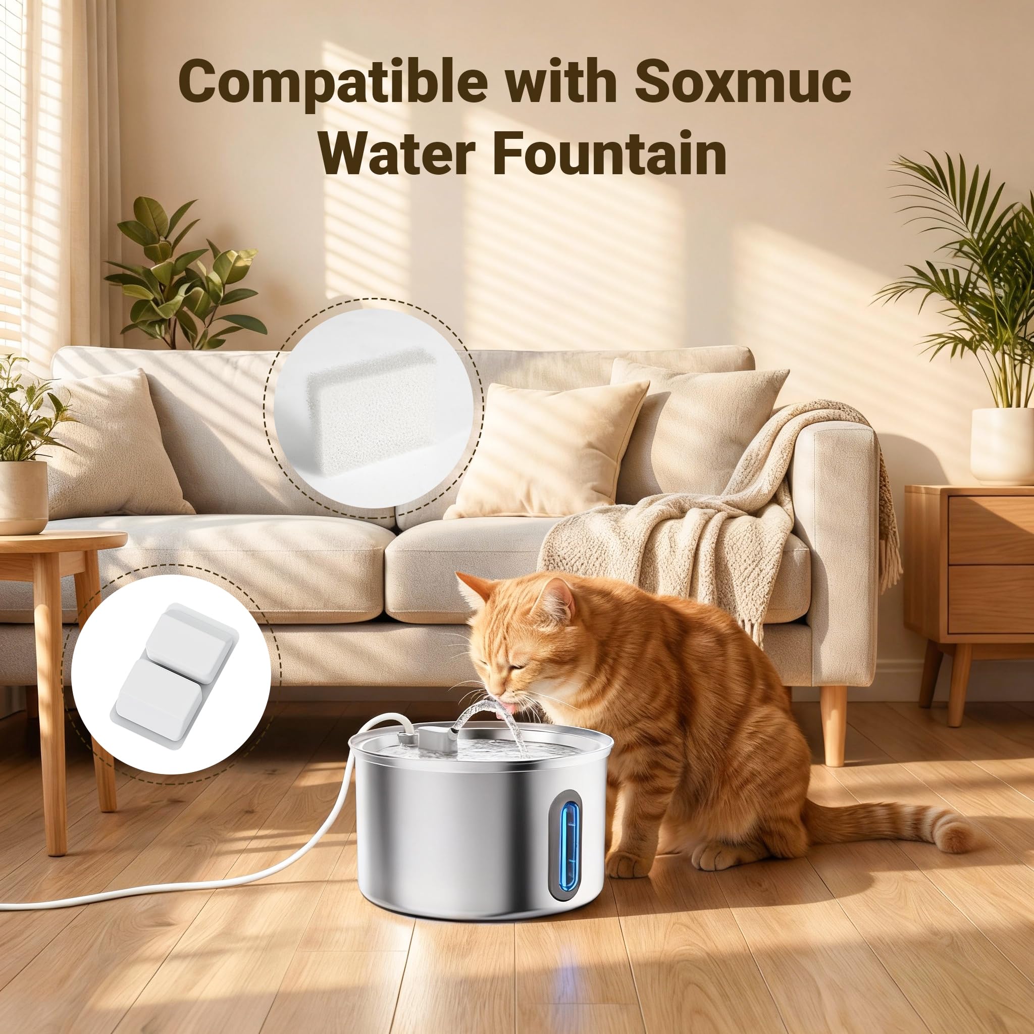 Cat Water Fountain Stainless Steel, 3.2L/108oz Pet Fountains for Drinking with Smart Quiet Pump and Large Water Level Window (12 Filters +12 Sponges)