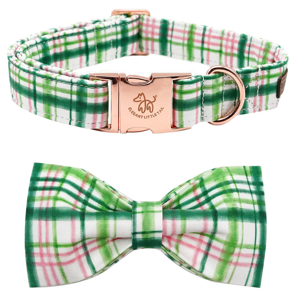Elegant little tail Dog Collar with Bow - Pink with Green Plaid Boy or Girl Dog Collar Cute Bowtie Pet Collar Adjustable Dog Collar for Large Dogs
