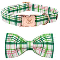 Elegant little tail Dog Collar with Bow - Pink with Green Plaid Boy or Girl Dog Collar Cute Bowtie Pet Collar Adjustable Dog Collar for Large Dogs