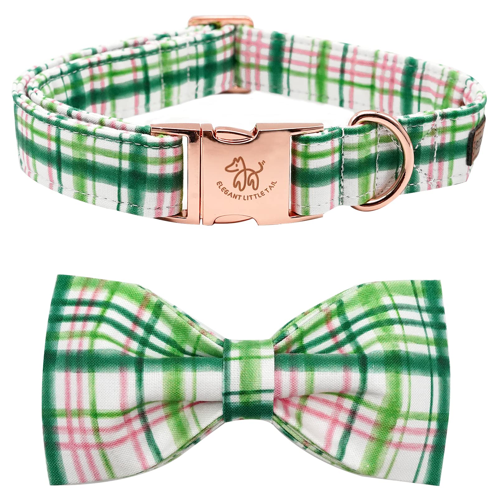 Elegant little tail Dog Collar with Bow - Pink with Green Plaid Boy or Girl Dog Collar Cute Bowtie Pet Collar Adjustable Dog Collar for Large Dogs