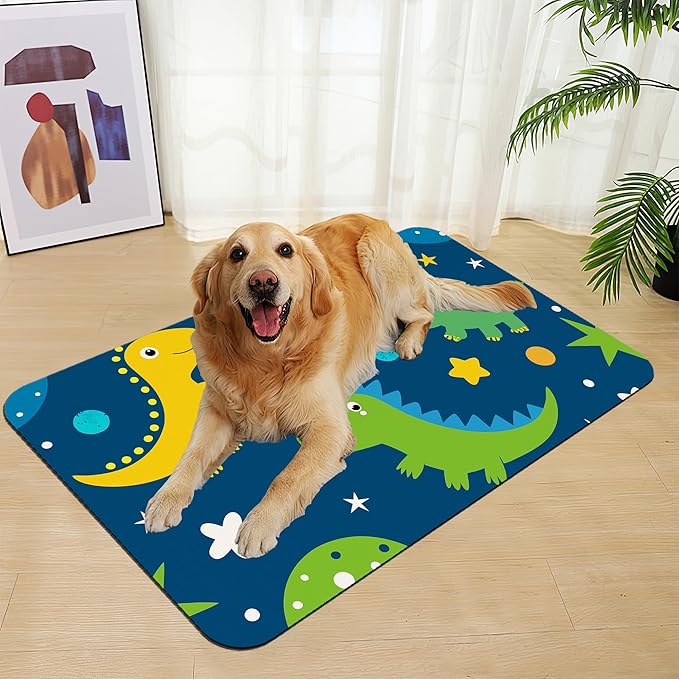 Cartoon Dino Pet Feeding Mat–Quick Dry Absorbent Dog Cat Food Mat, Non Slip Waterproof Bowl Placemat for Messy Eaters, Pet Accessories for Floors 16"x24"