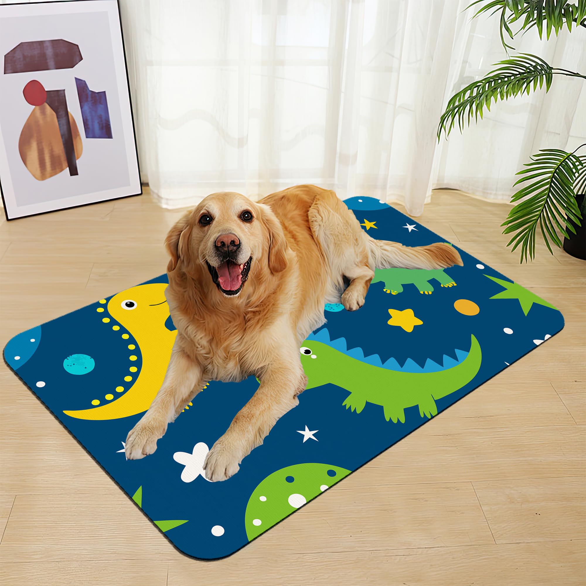 Cartoon Dino Pet Feeding Mat–Quick Dry Absorbent Dog Cat Food Mat, Non Slip Waterproof Bowl Placemat for Messy Eaters, Pet Accessories for Floors 12"x20"