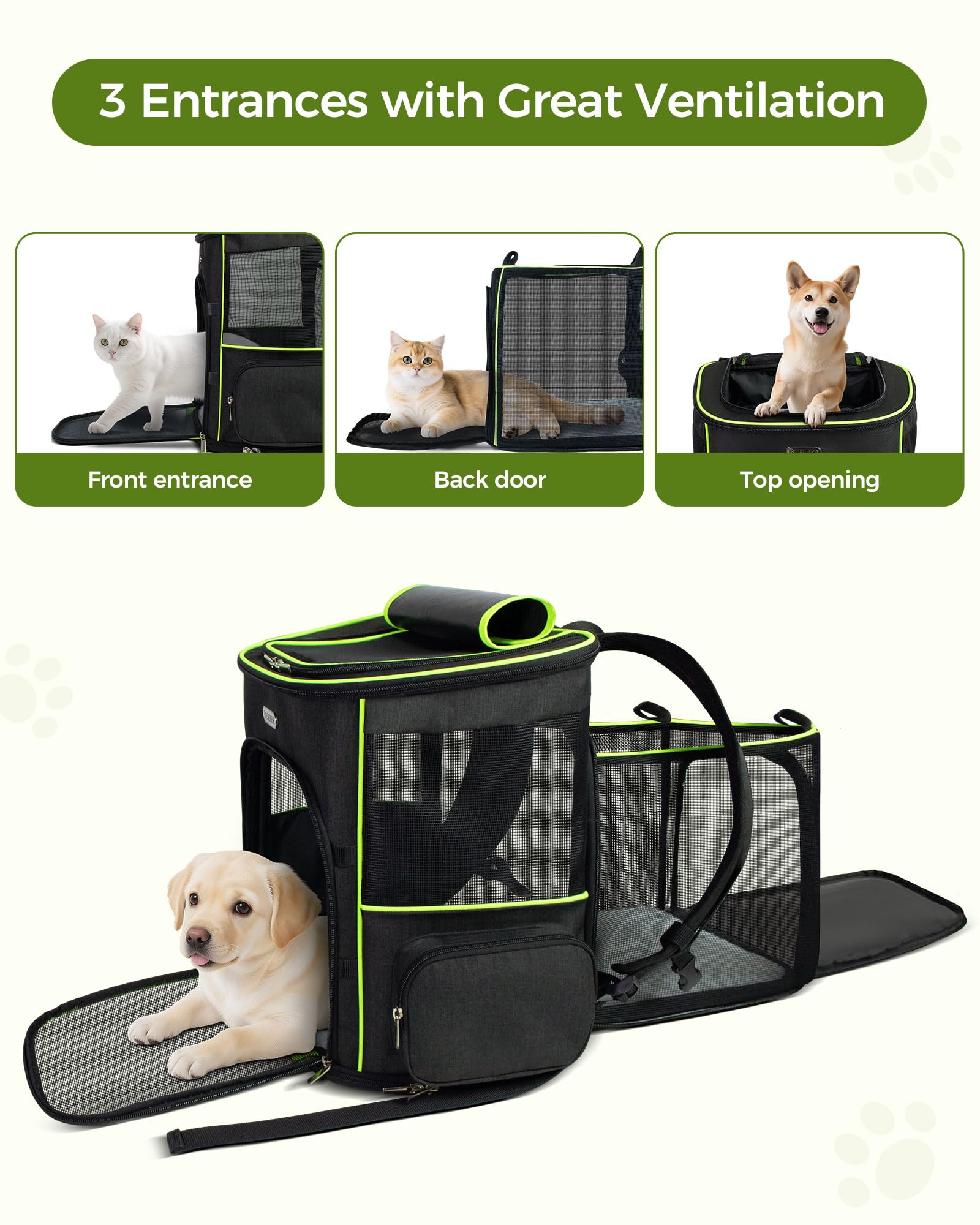 BAGLHER Expandable Cat Carrier Backpacks, Retractable Pet Carrier Backpack for Small Dogs & Cats with Breathable Mesh, Travel Bag Up to 18 Lbs for Hiking Camping Outdoor - Black