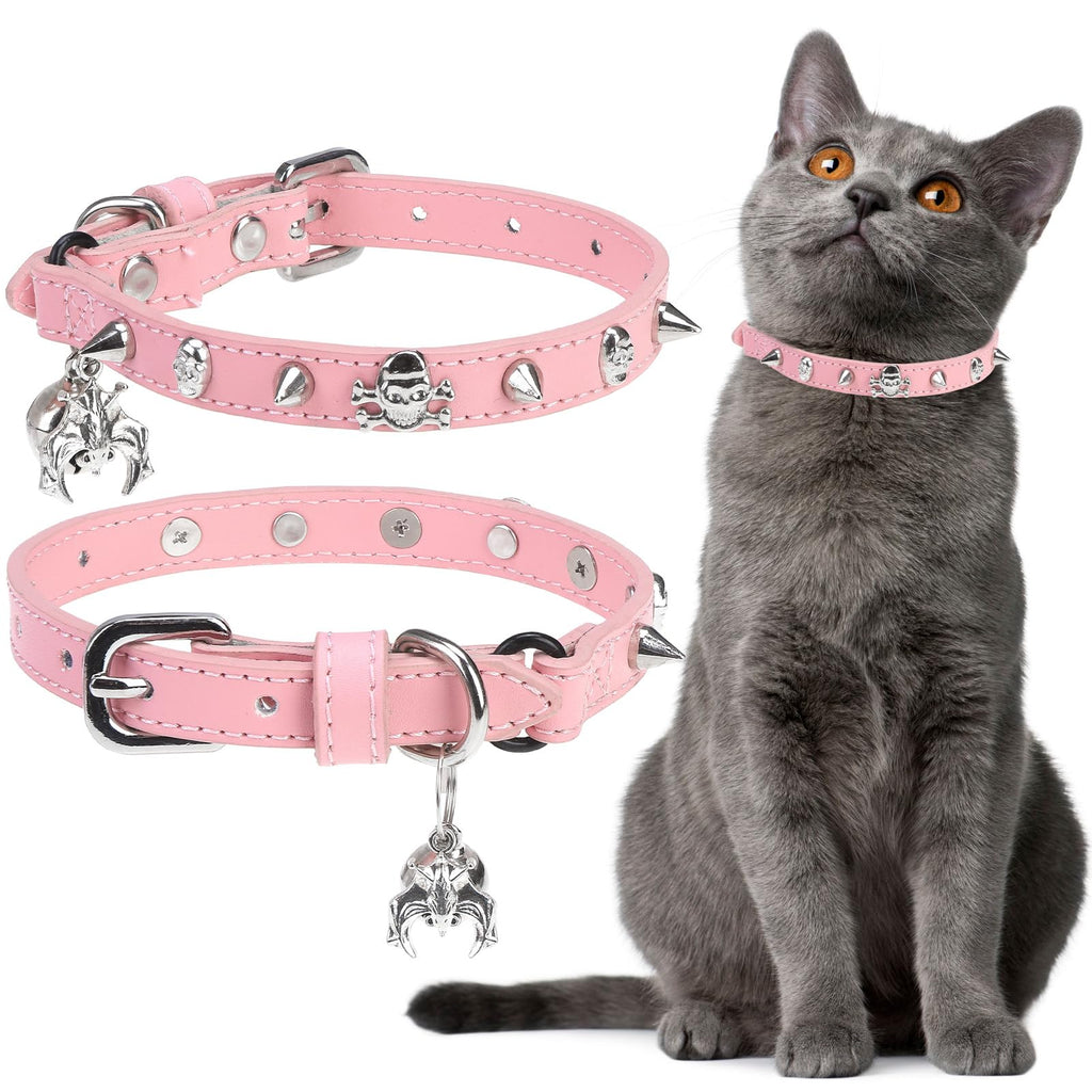 EXPAWLORER Leather Cat Collar for Girl Boy Cats,Pink(Rivet & Skull)