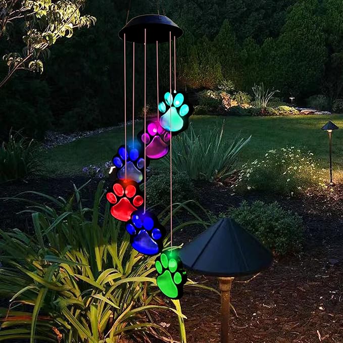 Paw Print Solar Wind Chimes, Color Changing Paw Prints Solar Lights Outdoor