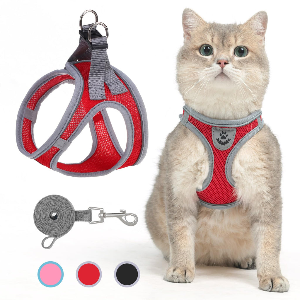 SCENEREAL Cat Harness and Leash Set Escape Proof, Adjustable Soft Air Mesh Kitten Harnesses for Girls Boys Small Medium Big Cats, Reflective Light Travel Pet Walking Vest for Puppy Rabbit, Red XL