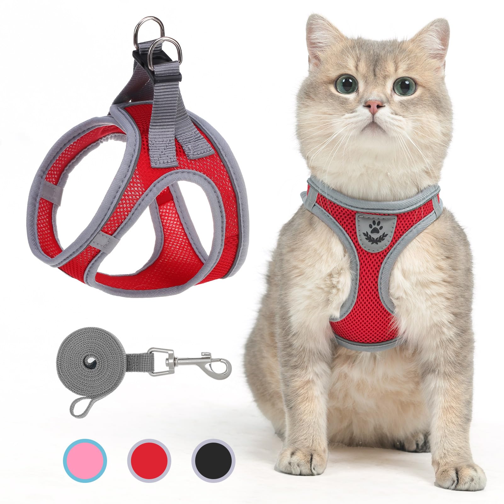 SCENEREAL Cat Harness and Leash Set Escape Proof, Adjustable Soft Air Mesh Kitten Harnesses for Girls Boys Small Medium Big Cats, Reflective Light Travel Pet Walking Vest for Puppy Rabbit, Red XL