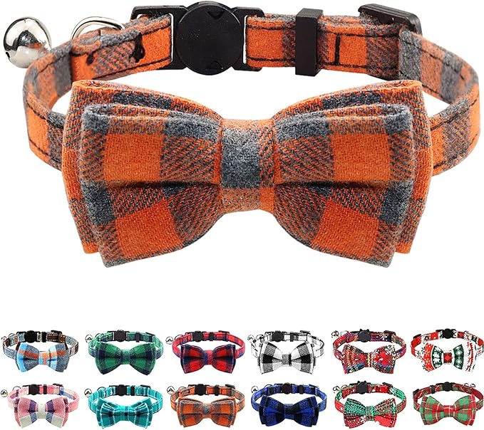Joytale Upgraded Cat Collar with Bells, Breakaway Cat Collars with Bow Tie, 1 Pack Girl Boy Safety Plaid Kitten Collars