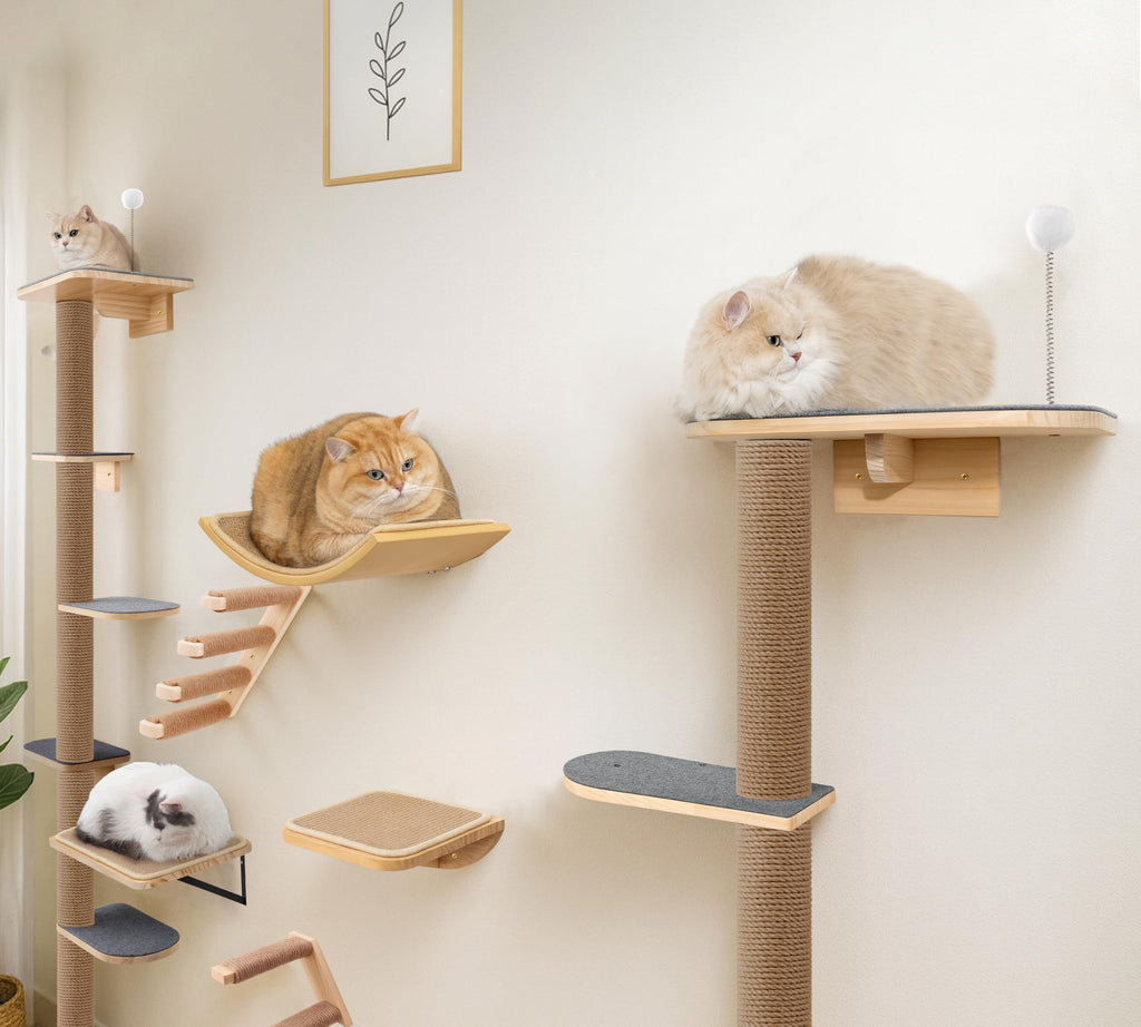 Floor to Ceiling Cat Tree for Kittens, 5-Tier Wall Mounted Cat Wall Shelves with Grey Felt Pads, Adjustable Wild Simulation Cat Tower, Natural Pine Wood Platforms for Climb, Scratch and Lookout